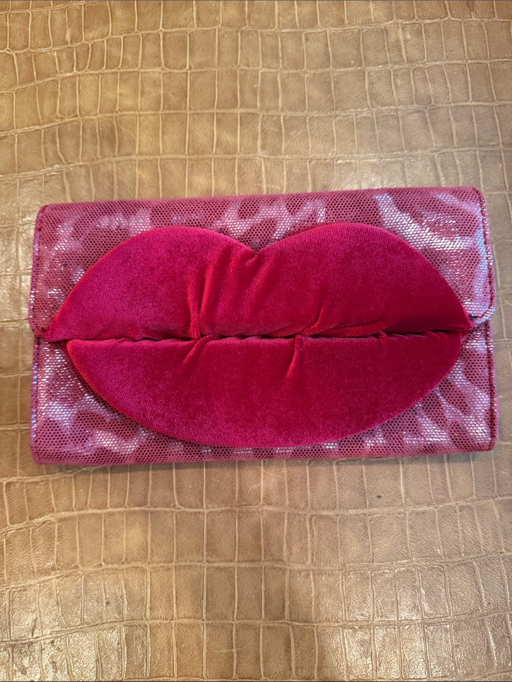Betsey Johnson Red Velvet Lip Applique and Leopard Clutch